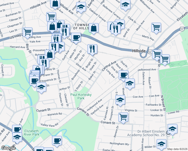 map of restaurants, bars, coffee shops, grocery stores, and more near 1255 Baker Street in Hillside