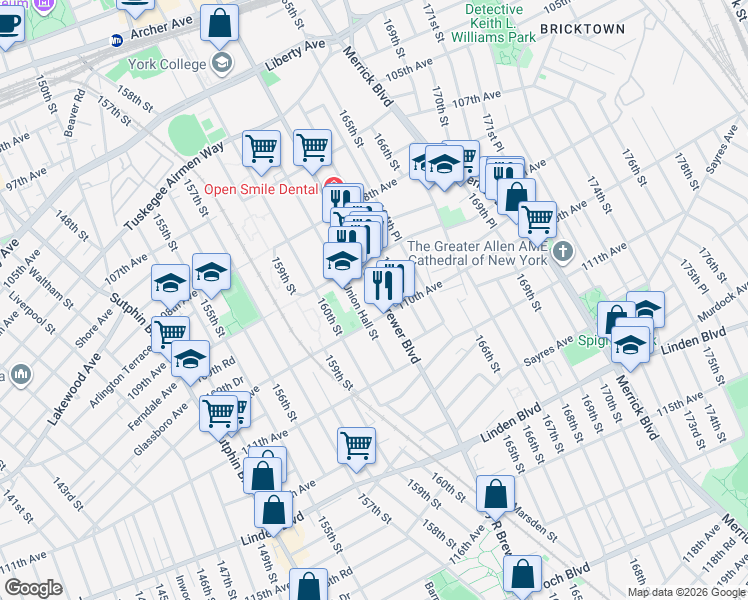 map of restaurants, bars, coffee shops, grocery stores, and more near 109-50 Guy R Brewer Boulevard in Queens