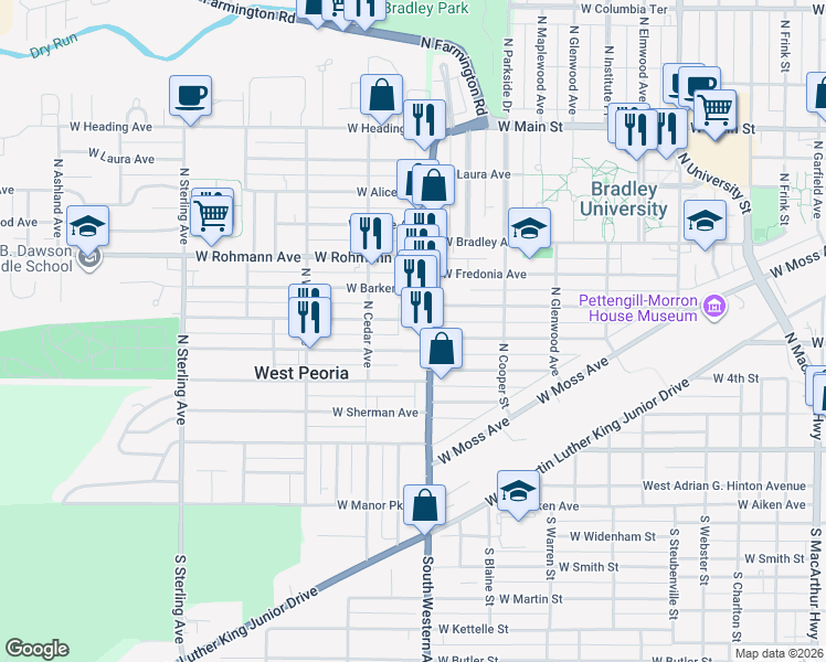 map of restaurants, bars, coffee shops, grocery stores, and more near 1911 W Callender Ave in West Peoria