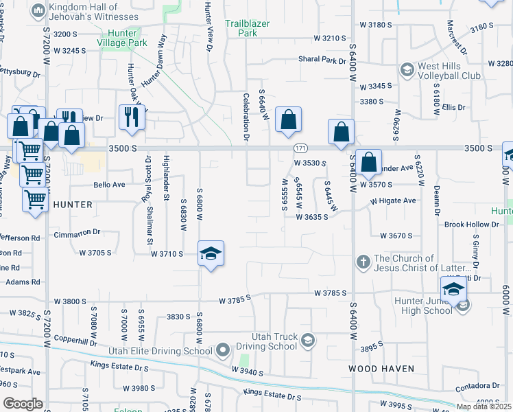 map of restaurants, bars, coffee shops, grocery stores, and more near 6654 Feulner Drive in West Valley City