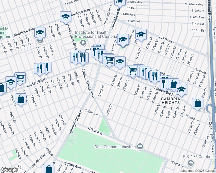 map of restaurants, bars, coffee shops, grocery stores, and more near 218-10 118th Avenue in Queens