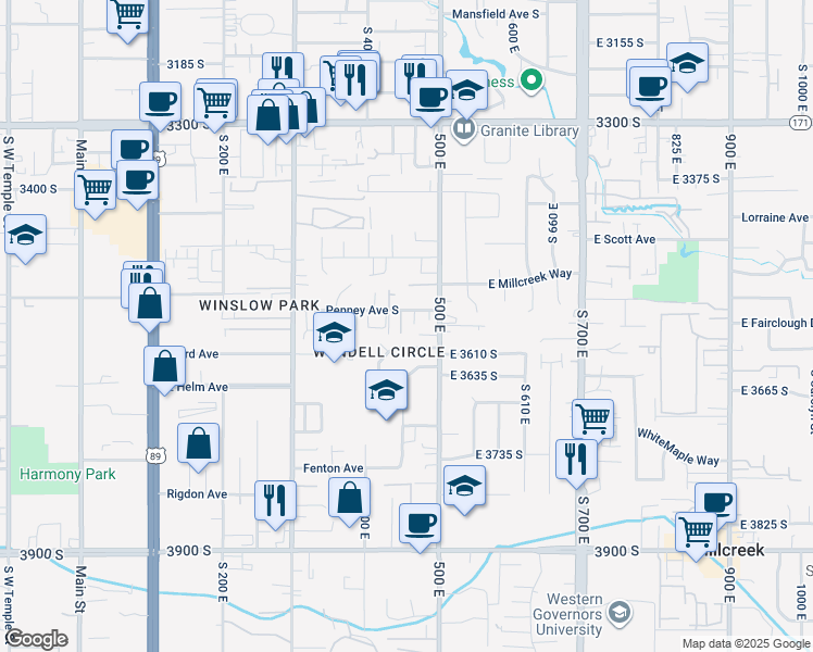 map of restaurants, bars, coffee shops, grocery stores, and more near 418 East Kelsey View Lane in South Salt Lake