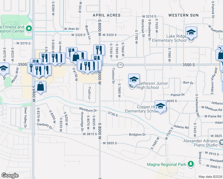 map of restaurants, bars, coffee shops, grocery stores, and more near 3617 Toolson Drive in Magna