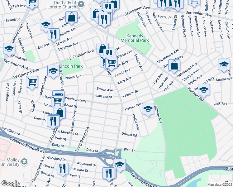 map of restaurants, bars, coffee shops, grocery stores, and more near 196 Lawson Street in Hempstead