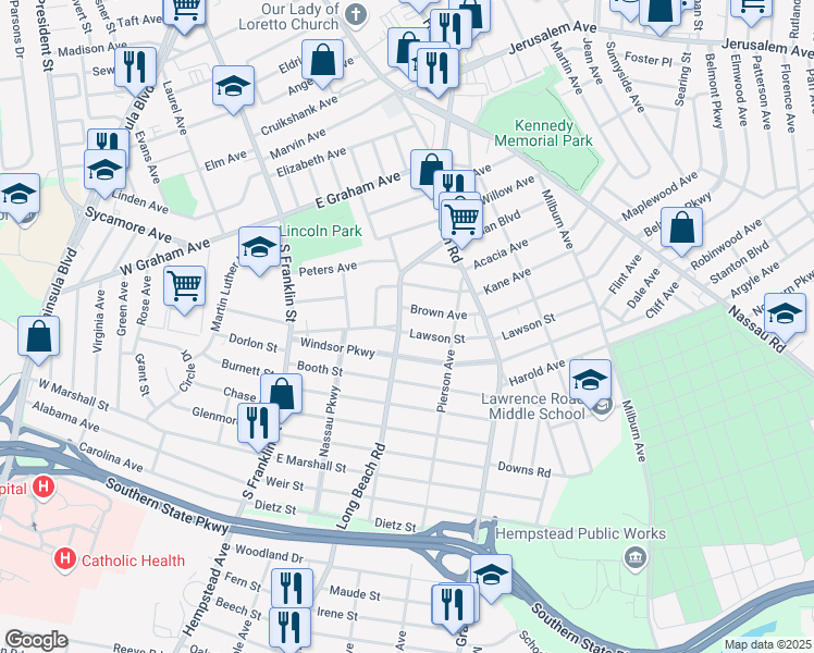 map of restaurants, bars, coffee shops, grocery stores, and more near 108 Lawson Street in Hempstead