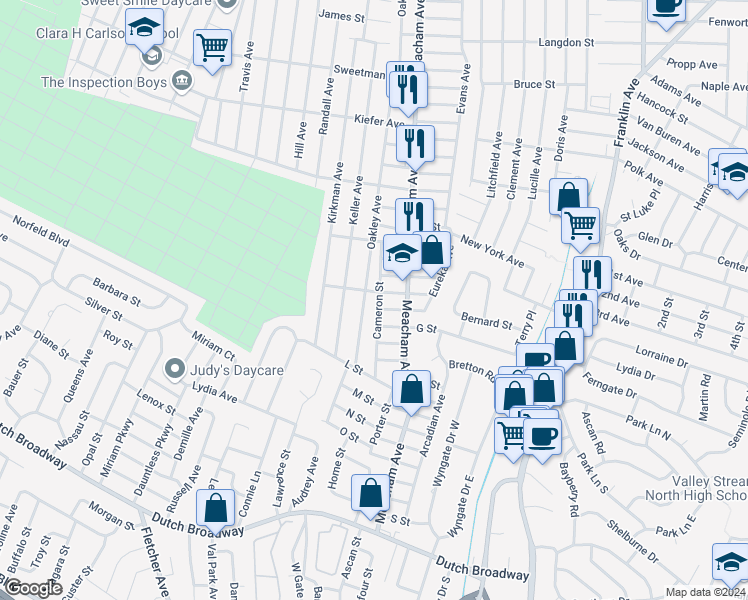 map of restaurants, bars, coffee shops, grocery stores, and more near 1372 F Street in Elmont