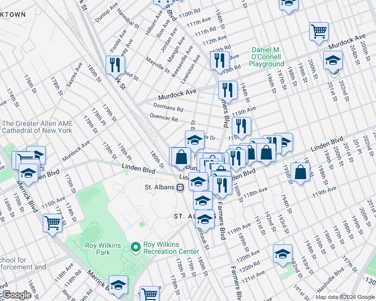 map of restaurants, bars, coffee shops, grocery stores, and more near 115-51 Dunkirk Street in Queens