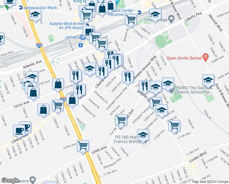 map of restaurants, bars, coffee shops, grocery stores, and more near 106-2 Liverpool Street in Queens