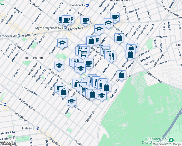 map of restaurants, bars, coffee shops, grocery stores, and more near 327 Eldert Street in Brooklyn