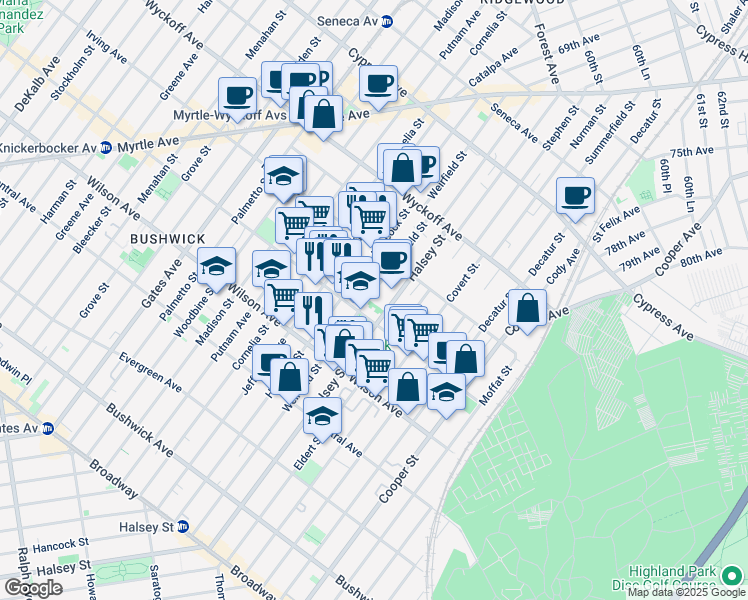 map of restaurants, bars, coffee shops, grocery stores, and more near 1217 Halsey Street in Brooklyn