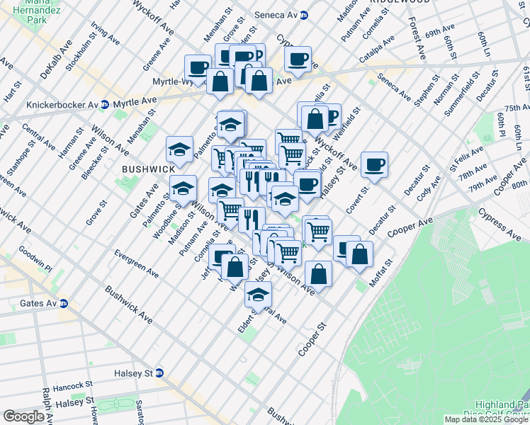 map of restaurants, bars, coffee shops, grocery stores, and more near in Brooklyn