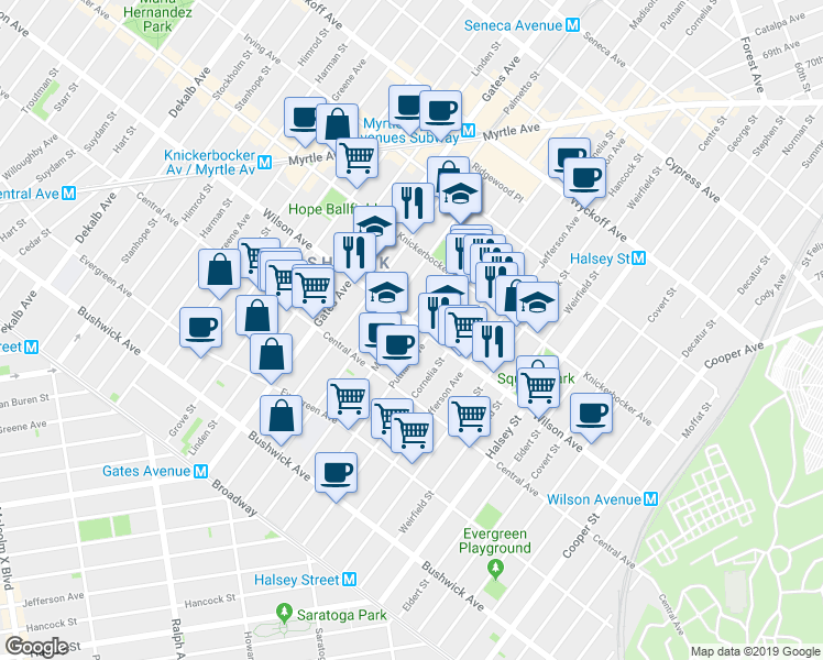 map of restaurants, bars, coffee shops, grocery stores, and more near 1315 Putnam Avenue in Brooklyn