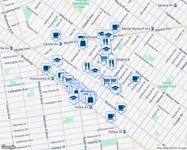 map of restaurants, bars, coffee shops, grocery stores, and more near 48 Menahan Street in Brooklyn