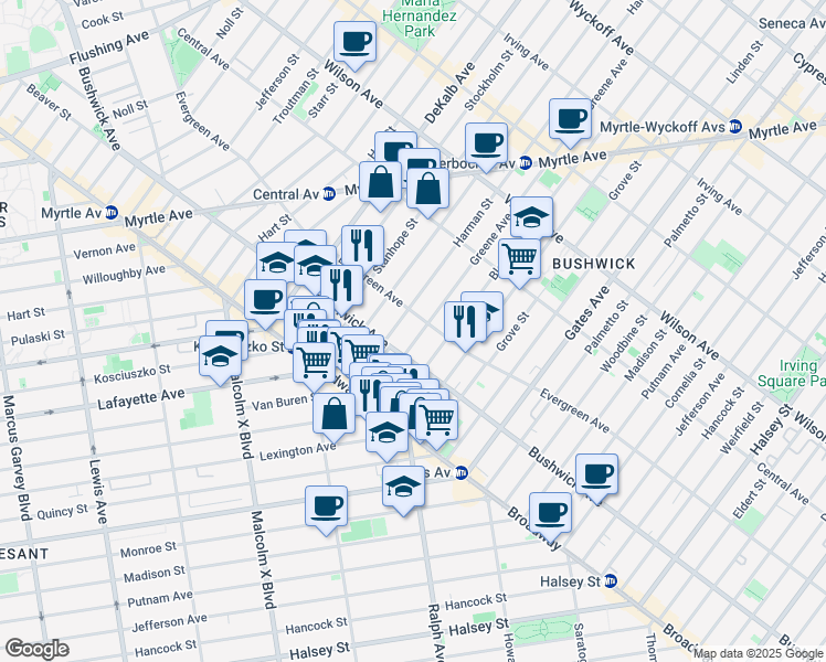 map of restaurants, bars, coffee shops, grocery stores, and more near 1099 Greene Avenue in Brooklyn