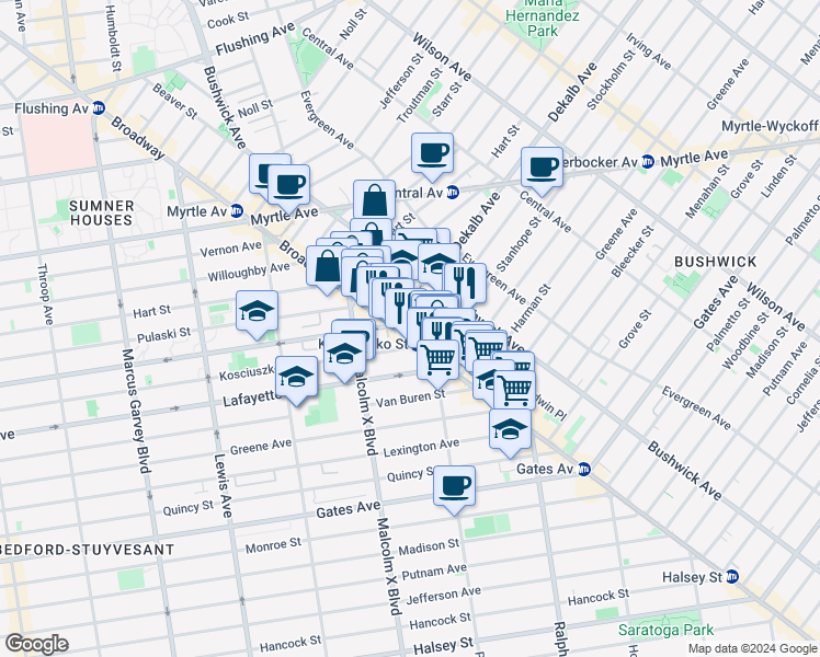map of restaurants, bars, coffee shops, grocery stores, and more near 1132 Broadway in Brooklyn