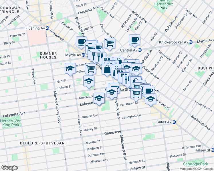 map of restaurants, bars, coffee shops, grocery stores, and more near 1066A Dekalb Avenue in Brooklyn