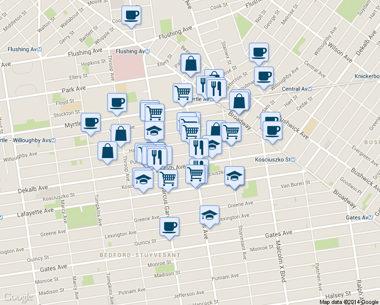 map of restaurants, bars, coffee shops, grocery stores, and more near 953 Dekalb Avenue in Brooklyn