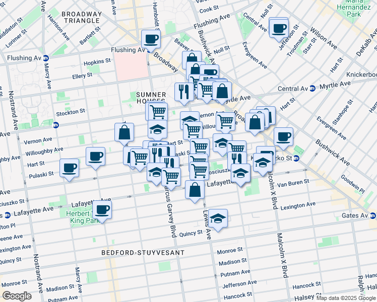 map of restaurants, bars, coffee shops, grocery stores, and more near 953 Dekalb Avenue in Brooklyn