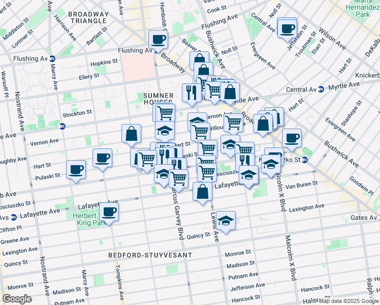 map of restaurants, bars, coffee shops, grocery stores, and more near 953 Dekalb Avenue in Brooklyn