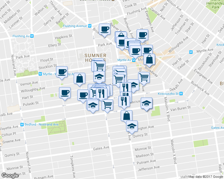 map of restaurants, bars, coffee shops, grocery stores, and more near 953 Dekalb Avenue in Brooklyn