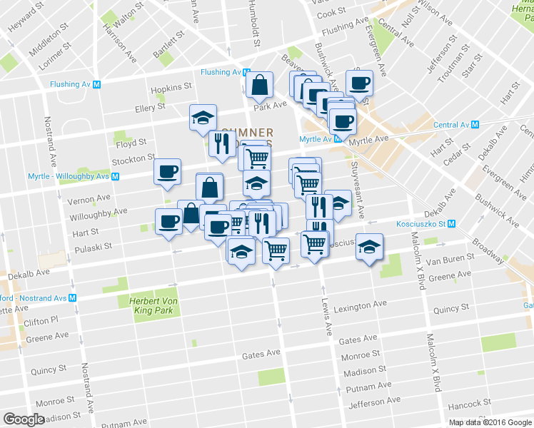 map of restaurants, bars, coffee shops, grocery stores, and more near 289 Pulaski Street in Brooklyn