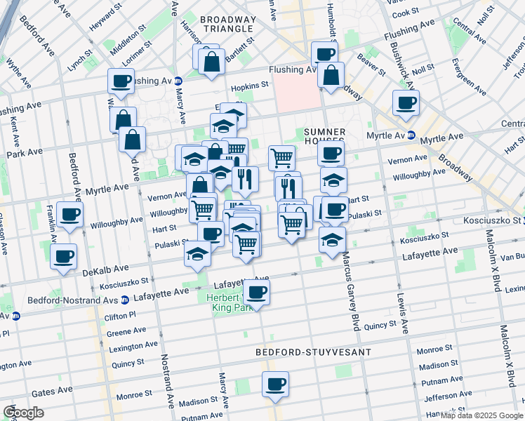 map of restaurants, bars, coffee shops, grocery stores, and more near 148 Hart Street in Brooklyn