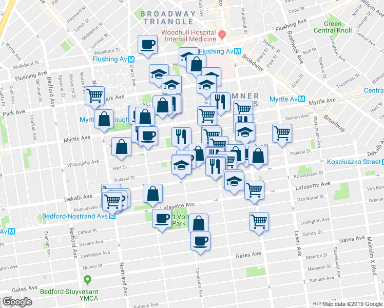 map of restaurants, bars, coffee shops, grocery stores, and more near 148 Hart Street in Brooklyn