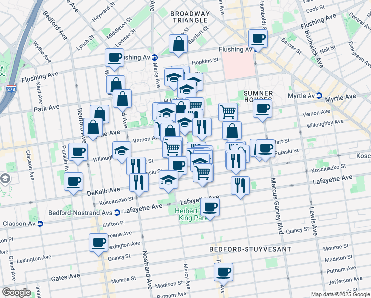map of restaurants, bars, coffee shops, grocery stores, and more near 111 Hart Street in Brooklyn