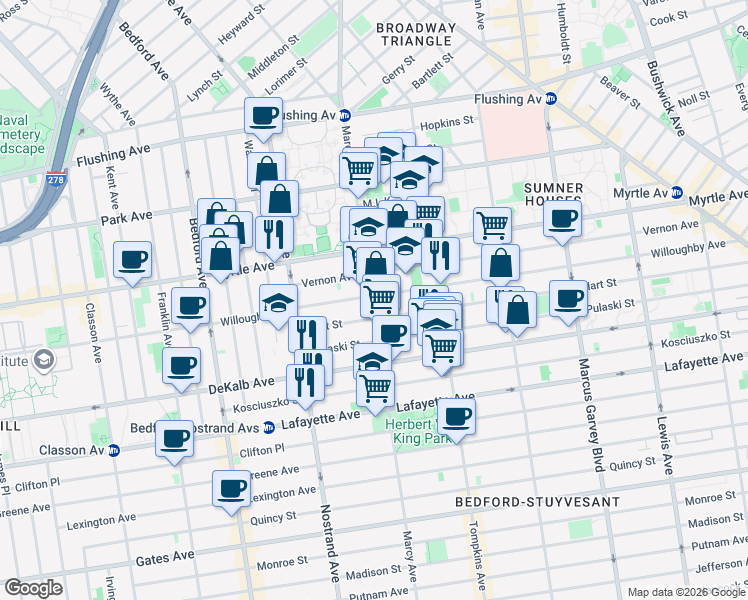 map of restaurants, bars, coffee shops, grocery stores, and more near 611 Marcy Avenue in Brooklyn