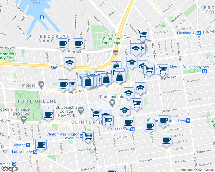 map of restaurants, bars, coffee shops, grocery stores, and more near 536 Myrtle Avenue in Brooklyn