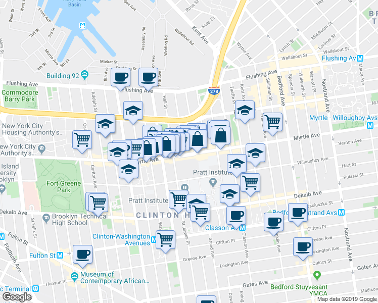 map of restaurants, bars, coffee shops, grocery stores, and more near 502 Myrtle Avenue in Brooklyn