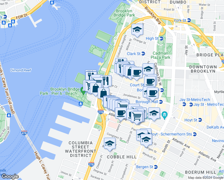 map of restaurants, bars, coffee shops, grocery stores, and more near 44 Joralemon Street in Brooklyn