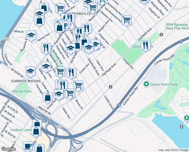 map of restaurants, bars, coffee shops, grocery stores, and more near in Jersey City