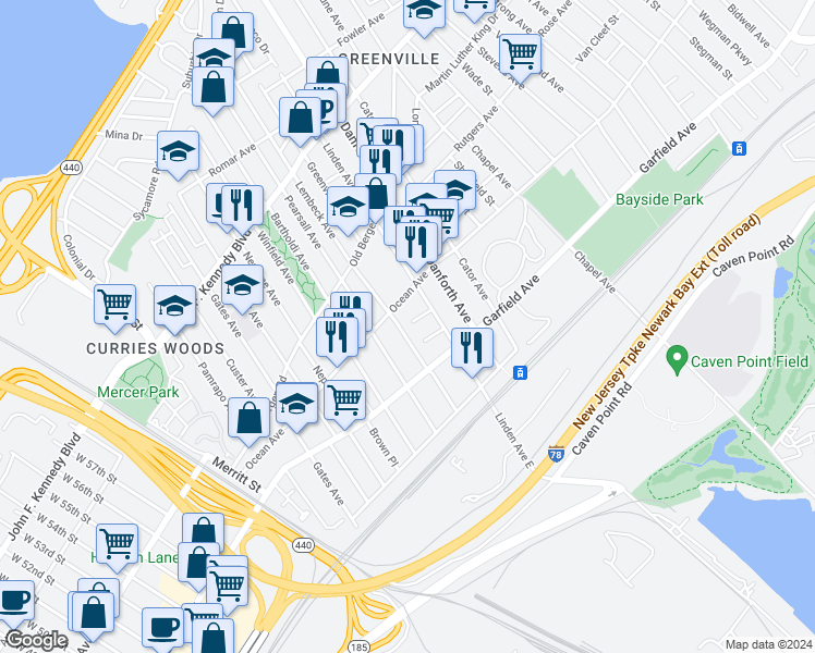 map of restaurants, bars, coffee shops, grocery stores, and more near 5 Albert Place in Jersey City