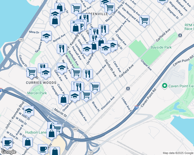 map of restaurants, bars, coffee shops, grocery stores, and more near 156 Ocean Avenue in Jersey City