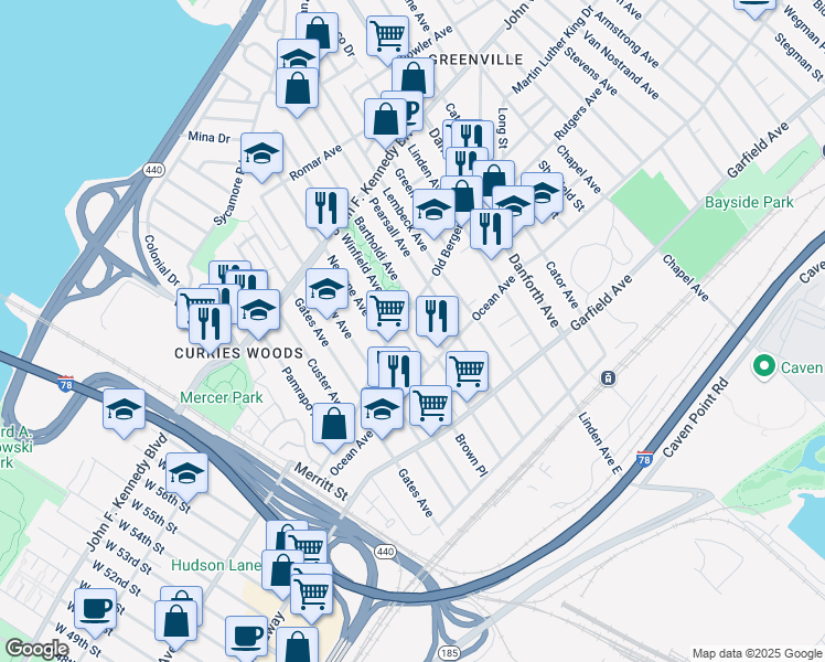 map of restaurants, bars, coffee shops, grocery stores, and more near 124 Old Bergen Road in Jersey City