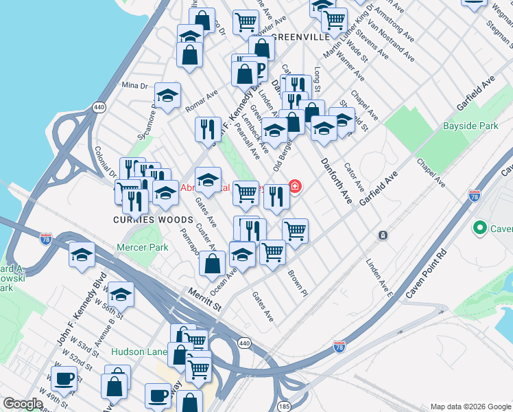 map of restaurants, bars, coffee shops, grocery stores, and more near 124 Old Bergen Road in Jersey City