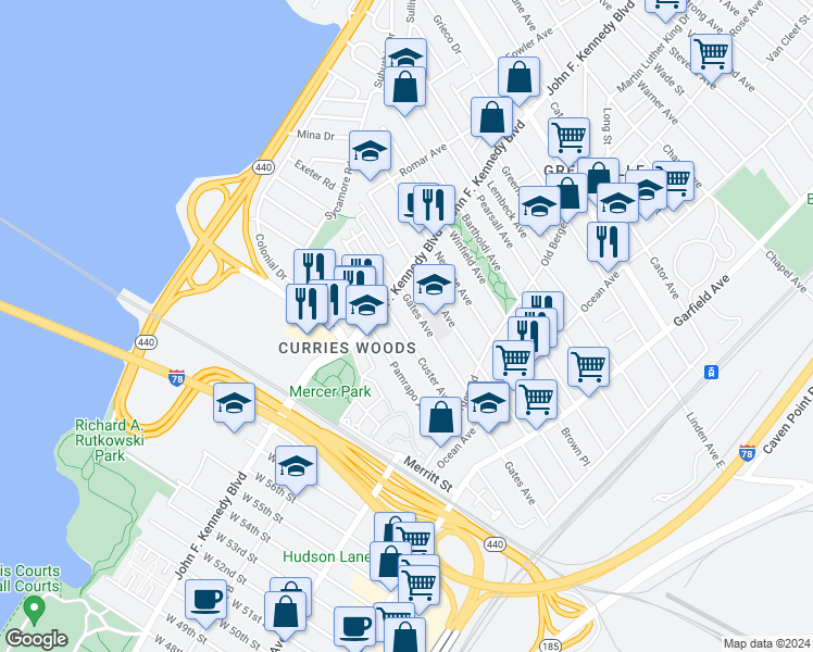 map of restaurants, bars, coffee shops, grocery stores, and more near 100 Pamrapo Avenue in Jersey City