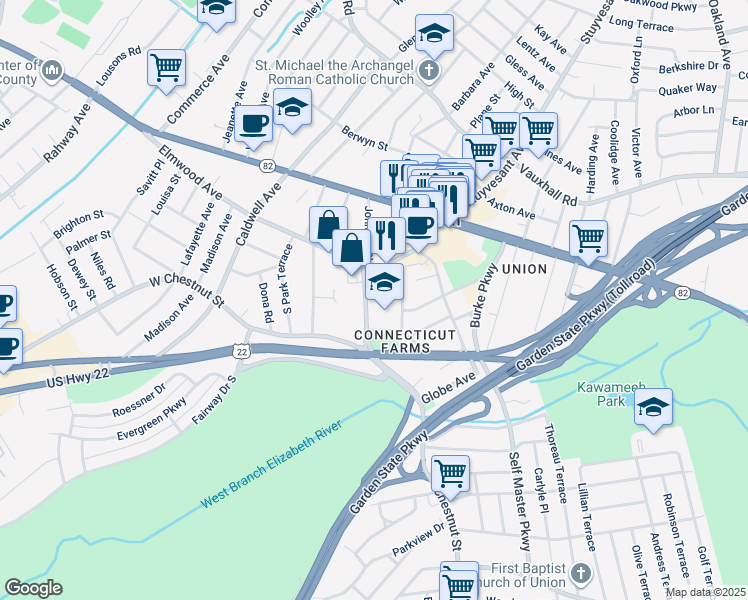 map of restaurants, bars, coffee shops, grocery stores, and more near 875 Stuyvesant Avenue in Union