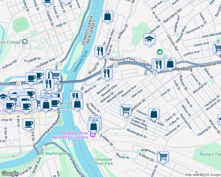 map of restaurants, bars, coffee shops, grocery stores, and more near 24 Filmore Street in Phillipsburg