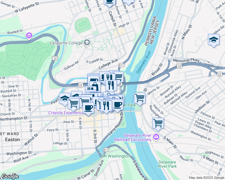 map of restaurants, bars, coffee shops, grocery stores, and more near 107 North 2nd Street in Easton