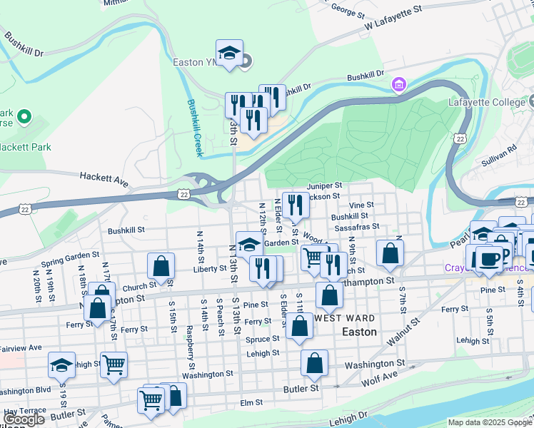 map of restaurants, bars, coffee shops, grocery stores, and more near 1203 Bushkill Street in Easton