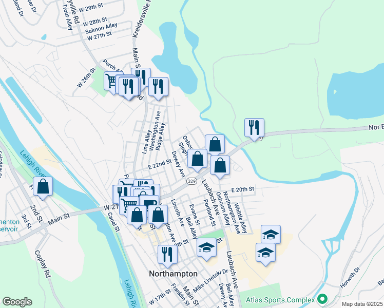 map of restaurants, bars, coffee shops, grocery stores, and more near 2149 Siegfried Avenue in Northampton