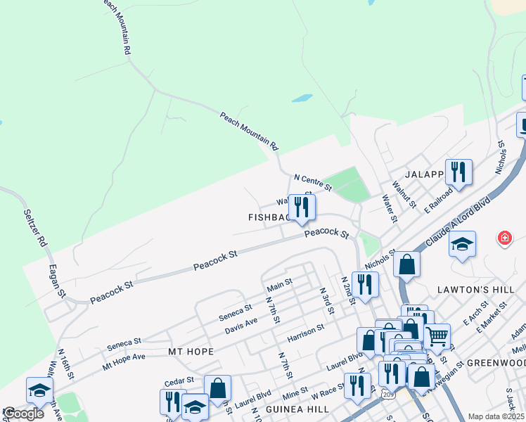 map of restaurants, bars, coffee shops, grocery stores, and more near 279 Wallace Street in Pottsville