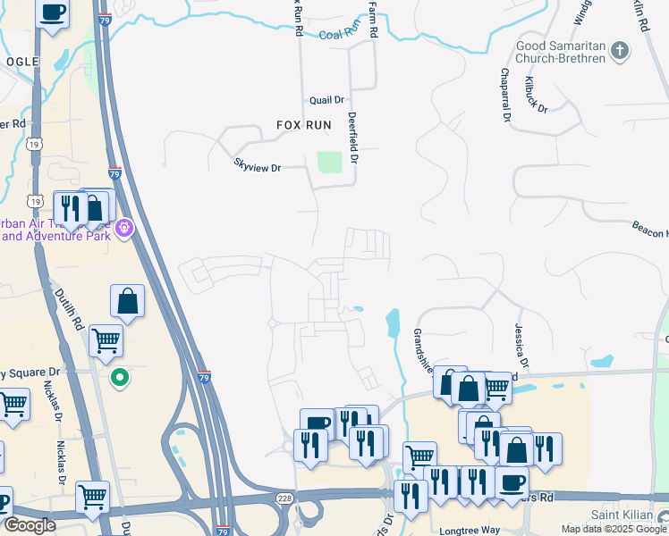 map of restaurants, bars, coffee shops, grocery stores, and more near 629 Partridge Drive in Cranberry Township
