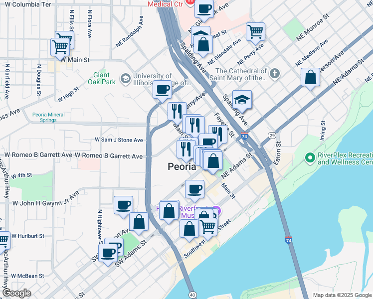 map of restaurants, bars, coffee shops, grocery stores, and more near 108 Southwest Madison Avenue in Peoria