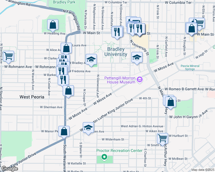 map of restaurants, bars, coffee shops, grocery stores, and more near 1421 West Moss Avenue in Peoria