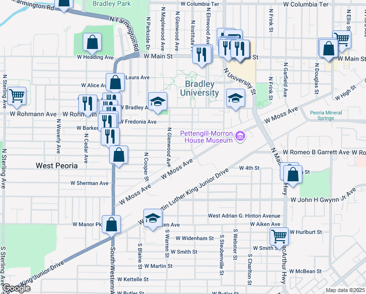 map of restaurants, bars, coffee shops, grocery stores, and more near 1522 West Callender Avenue in Peoria