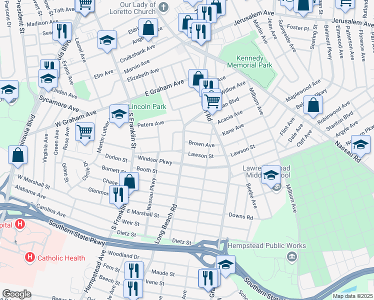map of restaurants, bars, coffee shops, grocery stores, and more near 112 Lawson Street in Hempstead