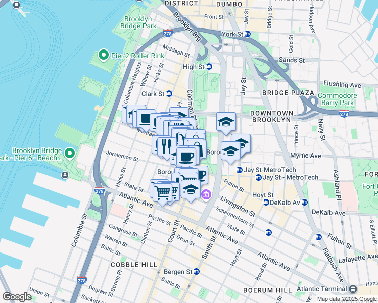 map of restaurants, bars, coffee shops, grocery stores, and more near 75 Clinton Street in Brooklyn
